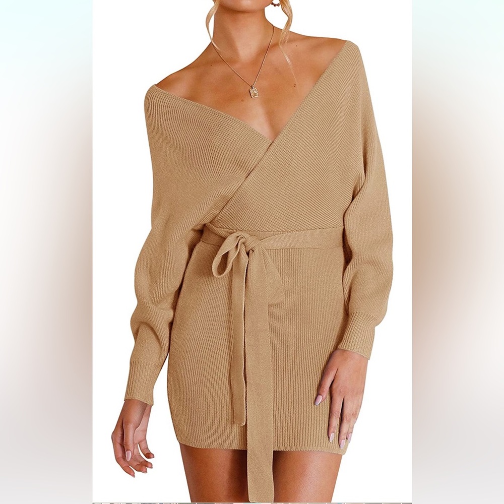 Amazon Tan Knit Wrap Dress - Picture 4 of 5